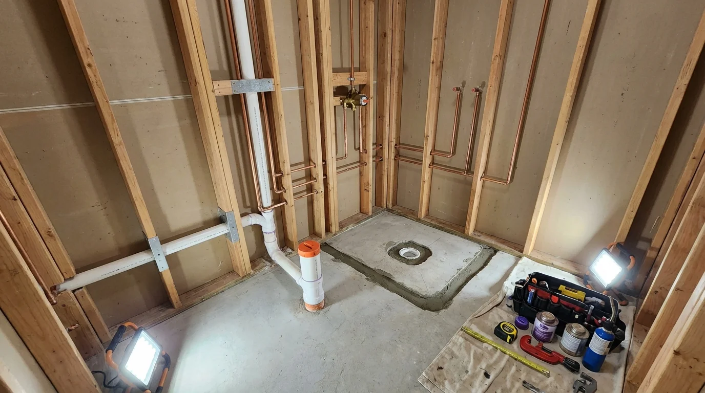 Bathroom rough-in plumbing during remodel by Johns Plumbing LLC in Center Harbor