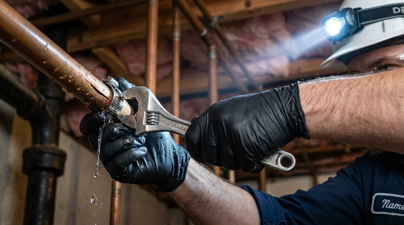 Emergency pipe clamp repair being performed by a Johns Plumbing LLC plumber in Center Harbor