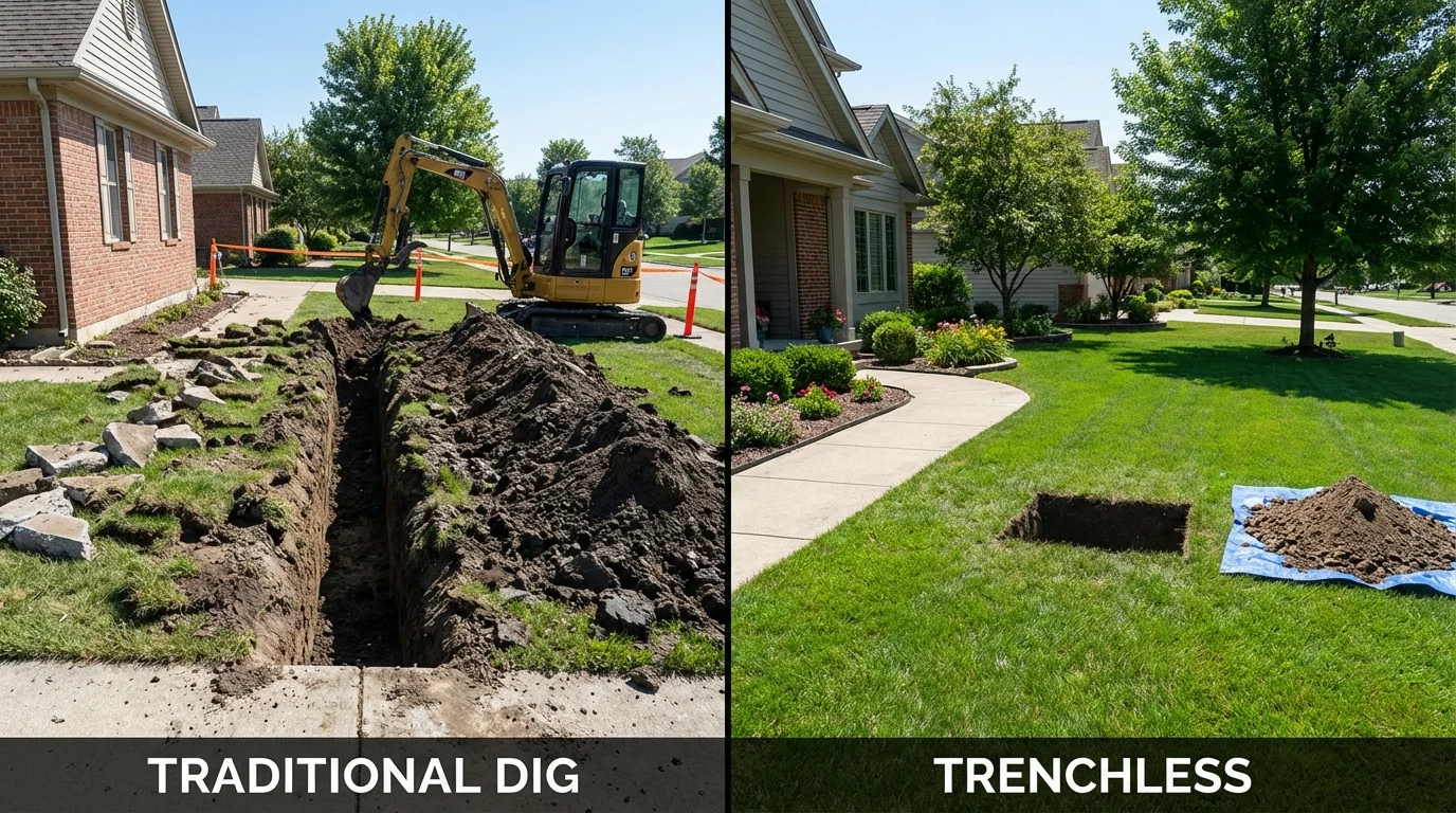 Trenchless sewer repair with minimal yard damage versus traditional excavation in Center Harbor, NH