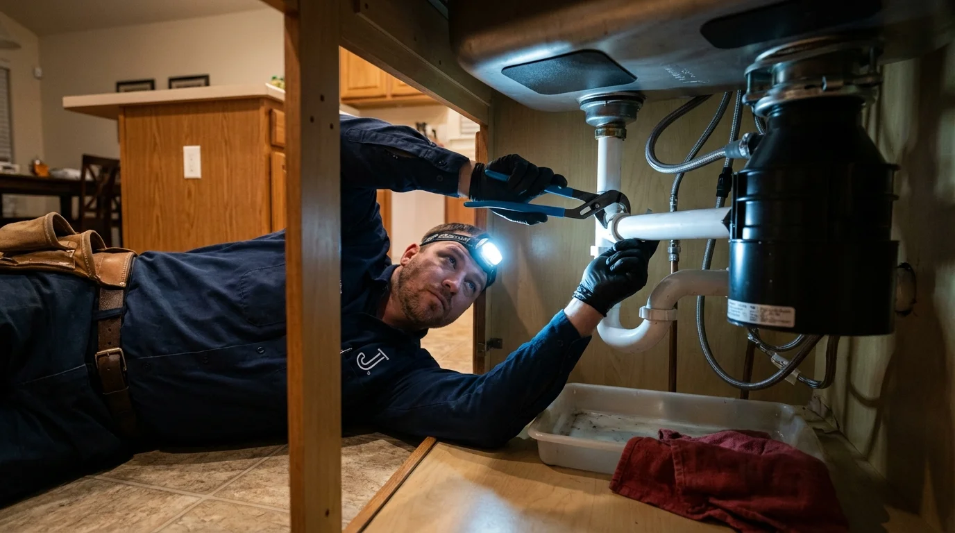 P-trap and supply line connections under a kitchen sink showing a common leak point in Center Harbor, NH